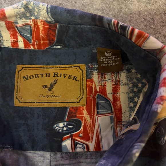 North River Button Down Shirt Mens XXL Blue American Flag Muscle Cars  Country - Picture 6 of 9